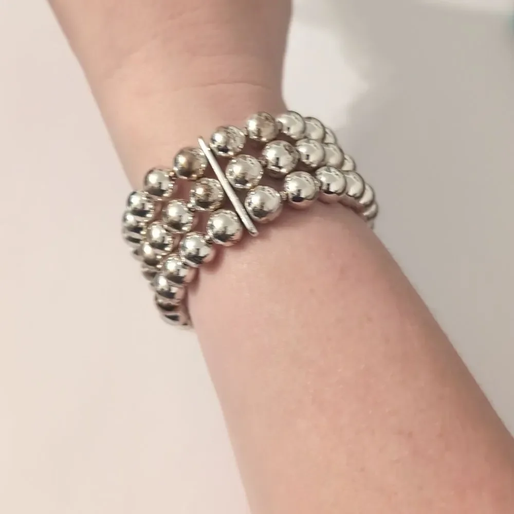564 Triple Row Silver Beaded Stretch‎ Bracelet